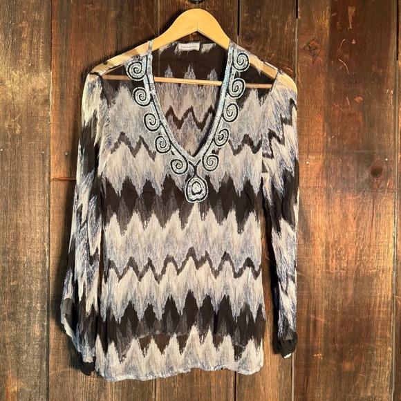 Flou Flou Flou Tops - Flou Flou Flou Sequin Beaded Ikat Chevron Sheer V-Neck Bell Sleeve Blouse Top